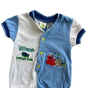 Sesame Street Baby 6-9 M Blue White Elmo Ocean Fun Embroidered Romper Outfit VTG